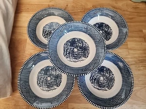 5 Vintage Currier & Ives Blue & White 5 5/8 in Fruit Dishes "Old Farm Gate" - Picture 1 of 11