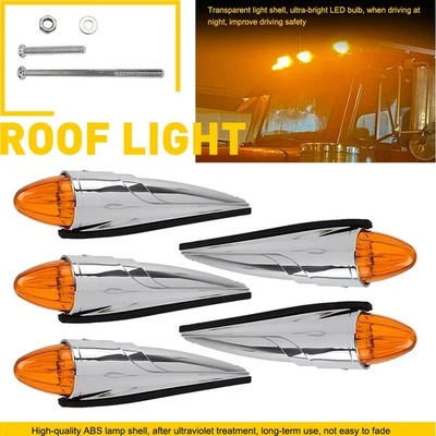 Set of 5 Amber LED Chrome Cab Roof Lights fit Peterbilt Kenworth Volvo Truck Bus - Image 1 of 4