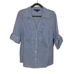 NYDJ Ruffle Front Blouse Button Down Shirt Top Size L Blue White Stripe NEW - Picture 1 of 9