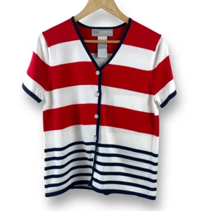 Sag Harbor S Short Sleeve Button Cardigan Blue Red Bold Stripe Nautical Preppy - Picture 1 of 7