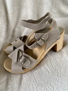 Nina Z 40 9 9.5 10 wooden high heel clogs beige gray tan leather straps ankle - Picture 1 of 8