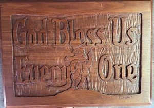 VTG Handcarved Walnut Wall Plaque GOD BLESS EVERYONE Yellville, AR 11"x15" - Picture 1 of 6