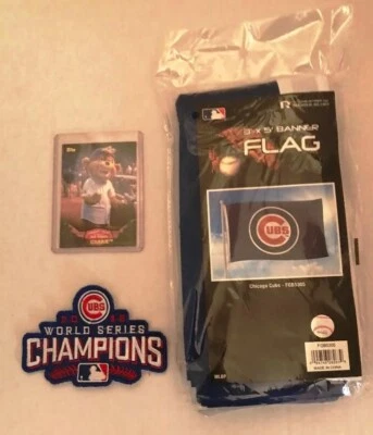 CHICAGO CUBS 3X5 FLAG, WORLD SERIES PATCH, AND CLARK MASCOT CARD - Image 1 of 4