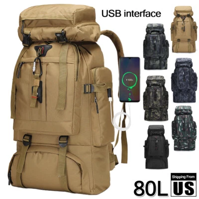 80L Tactical Rucksack Backpack Hiking Camping Daypack Military Bag USB Port - Image 1 of 4