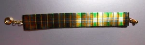 Cuff Bracelet Green Tartan Plaid Hunters Check Pattern Gold Tone Link/Mesh - Picture 1 of 7