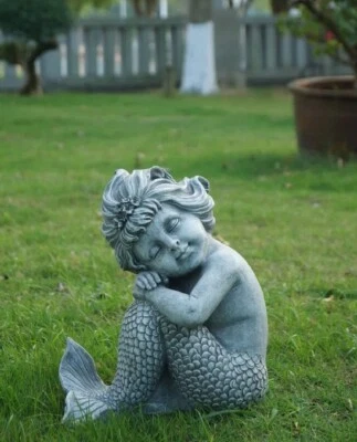 Mermaid Statue Young Child Sitting Folded Hands Art Sculpture Garden Figurine - Image 1 of 4