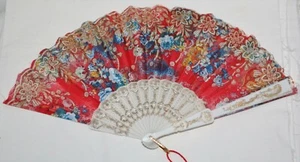 Hand Held Red, Blues, White Vintage Style Fan Folds Red Tassel Gold Accents - Picture 1 of 6