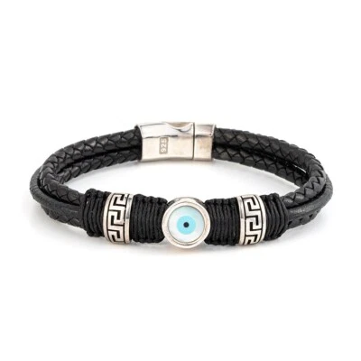 Pulsera de cuero Meandro y mal de ojo, joyería para hombre en plata de ley 925 Foto 1 de 4
