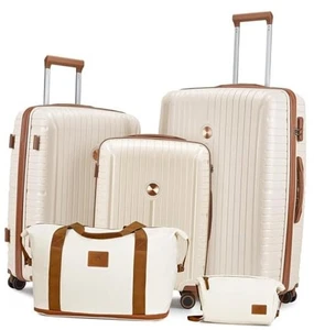 Luggage Sets 5 Piece PP Hardshell Carry on Suitcase, 5 piece set Beige Brown - Picture 1 of 7
