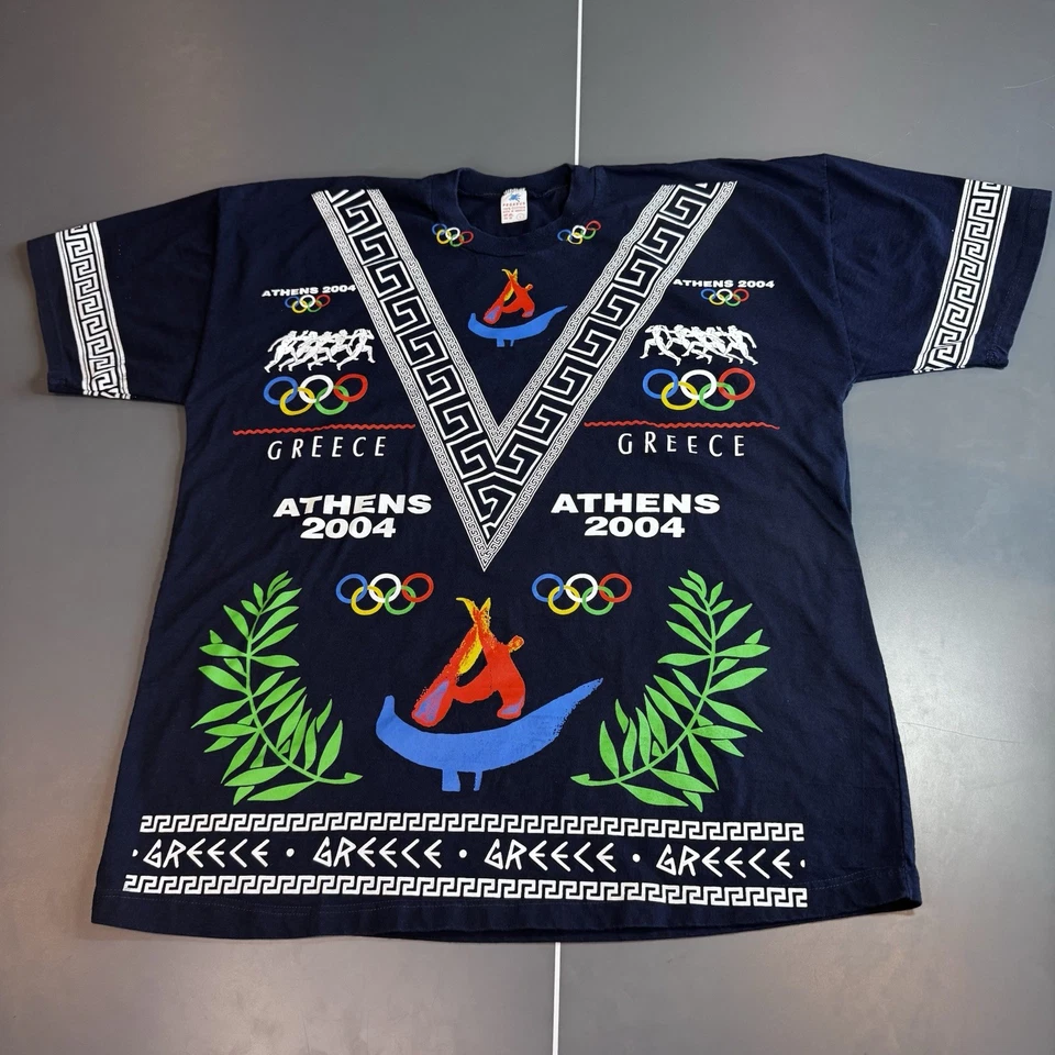Vintage Athens Greece 2004 Olympics T Shirt Large AOP Blue Greek - Image 1 of 4