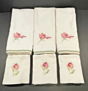 Vintage Embroidered Cotton Hand Towels & Washcloths Set of 6 Floral Cottage Core - Picture 1 of 15