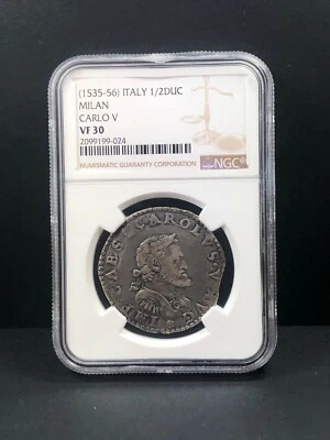 1535 - 1556 Italy Milan 1/2 Ducaton, NGC VF 30, Exceedingly Rare, Unlisted - Image 1 of 4