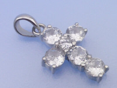 Echt 925 Silber Kreuz Anhänger mit 6 Zirkonia Stein rund rhodiniert Anlaufschutz - Bild 1 von 2