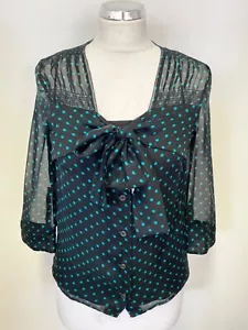 BRAND NEW PRADA BLACK & GREEN SPOT SILK TIE FRONT BLOUSE SIZE 40 UK 8 - Picture 1 of 4