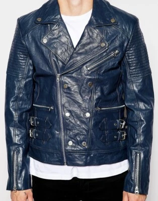 New ASOS Biker Moto Men's Genuine Leather Jacket XS Navy motorcycle bomber jean - Image 1 of 4