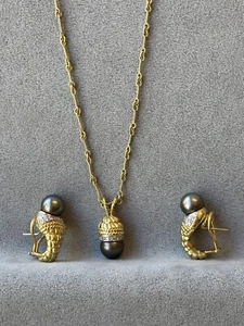 18k Gold Black Pearl Earrings With Matching Black Pearl Pendant With Diamonds - Picture 1 of 24