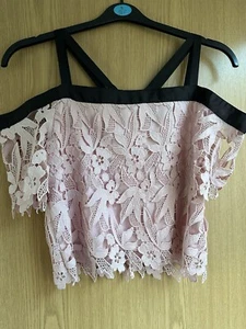 Topshop Pink Cropped Off The Shoulder Top Lace Floral Design Top Size 10 - Picture 1 of 6