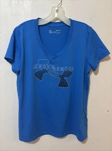 Under Armour T Shirt Womens Medium Blue V-Neck Heat Gear Loose Fit - Picture 1 of 8