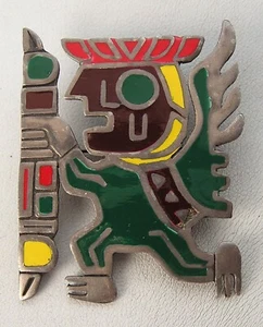 Sterling & Colorful Enamel Aztec Tribal Eagle Warrior Pin -Pendant 2" by 1-1/2" - Picture 1 of 6