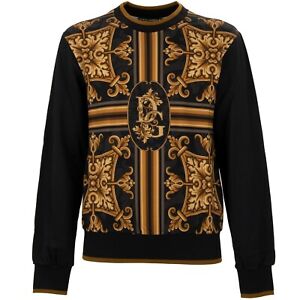 DOLCE & GABBANA Baroque Cotton Silk DG Logo Sweater Black Gold 13455