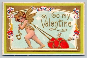To My Valentine Amor zieht Herzen Pfeile Flügel Vintage geprägt c1910 Postkarte - Bild 1 von 4