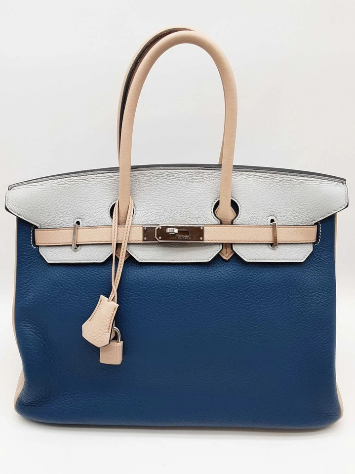Hermes Custom Birkin 35 Blue Beige Clemence Palladium Handbag Do0825srxzde - Image 1 of 4