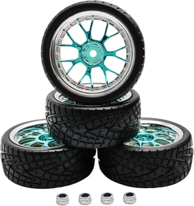 12mm Hex Hub RC Car Wheels & Tires Set - 4PCS On-Road Rubber Racing (Silver Blue - Picture 1 of 12