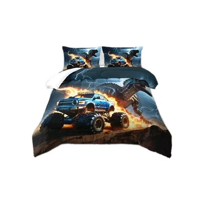 Full 3 Piece  3D Comforter with 2 Pillowcases Monster/ T Rex  Truck Bedding Kids - Image 1 of 4
