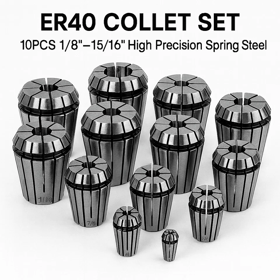 ER40 Collet Set 10pcs 1/8"–15/16" High Precision Spring Steel for CNC Milling - Image 1 of 1