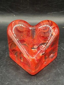 Fire And Light Recycle Glass Heart Paperweight Red  Orange Swirl Signed - Picture 1 of 13