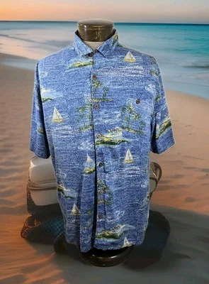 Havana Jacks Cafe Hawaiian Shirt Mens XL Blue Tropical Sailboat Print Button Up - Image 1 of 4