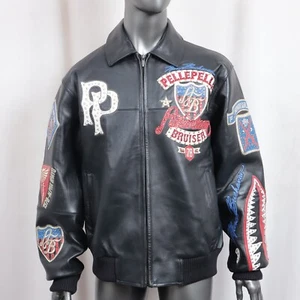 Pelle Pelle American Bruiser Leather Bomber Jacket Black Size L - Foto 1 di 23