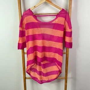 Witchery Shirt Top Womens Small Orange Pink Striped Knit Sheer Short Sleeve - Picture 1 of 10