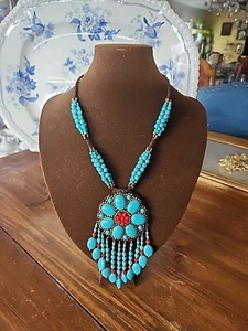 Bohemian Style große 20" Halskette türkisfarben handgewebt - Bild 1 von 5