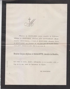 1876 Faire-part décès Jacques-Alphonse de BAZALGETTE du CHARNÈVE - Montpellier. - Picture 1 of 1