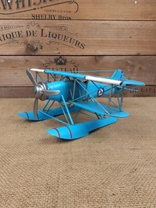 Decorative Blue 29 cm Tin Metal WW 1 British float Seaplane Biplane Aircraft - Foto 1 di 20