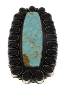 8.5 - #8 Turquoise Statement Ring With Black Onyx Surround By Anthony Skeets - Foto 1 di 5