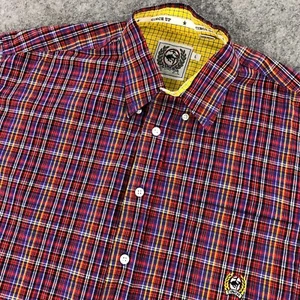 Cinch Mens Button Down Shirt Large Red Multicolor Plaid Short Sleeve Pocket - Picture 1 of 10