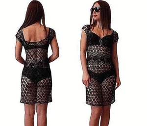Crochet Dress Beach Cover Sexy Cotton Lace Short Tunic Summer Party Top Women - Picture 1 of 8