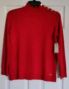 Calvin Klein Womens Sweater Mock Neck Red Size M Gold Buttons Knit Stretch NWT - Picture 1 of 7