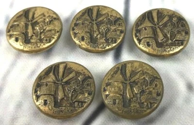 Vtg Sewing Button Lot of 5 Round Gold Tone Windmill Holland Netherlands Craft - Image 1 of 4