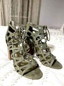 G by Guess Olive Green Suede Block Heel Sandals Size 8 Lace Up Studded Zip Back - Picture 1 of 7