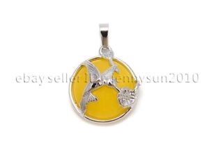 Natural Gemstone Crystal Hummingbird Reiki Chakra Round Pendant Charm Silver