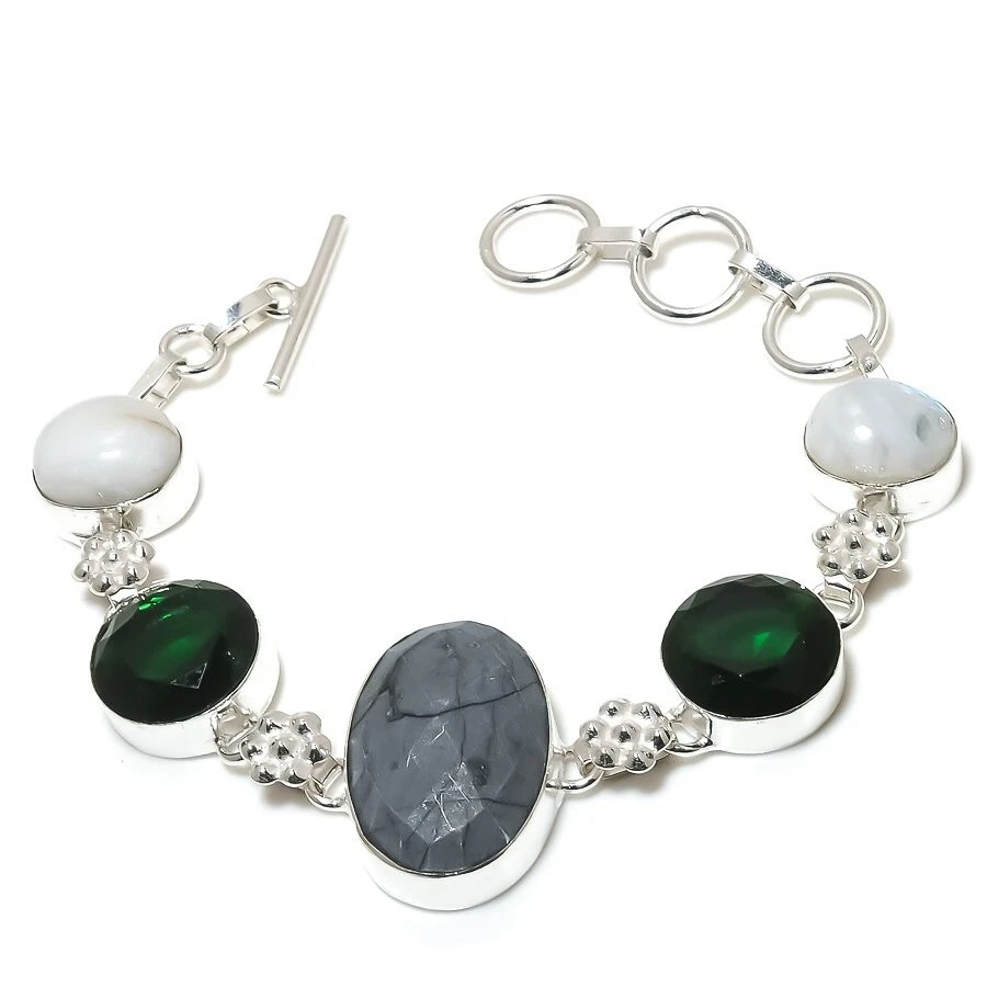 Picasso Jaspder Gemstone Handmade 925 Sterling Silver Jewelry Bracelet Sz 7-8" - Image 1 of 1