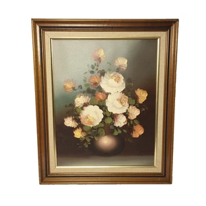 Quadro olio S Leigh natura morta fiori firmato cornice legno 21" x 25" su tela - Foto 1 di 21