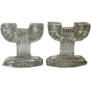 SET 2 RETRO ART DECO QUEEN MARY DUAL GLASS CANDLE HOLDERS Anchor Hocking CACTUS - Picture 1 of 8