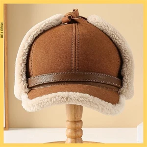 100 % echtes Schaffell Mütze dick Winter warm Baseballmütze Mode für Männer - Bild 1 von 18