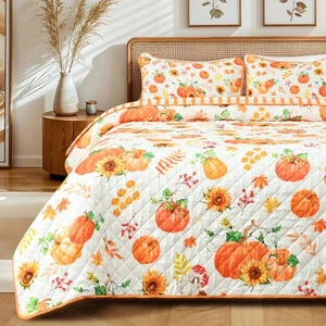 3 Pieces Fall Quilts Queen Size, Pumpkin Quilt Bedding Set with 2 Pillow Sham... - Picture 1 of 8