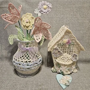 Handmade Thread Crochet Starched Birdhouse & Vase with Flowers Cream, Pink Blue - Picture 1 of 12