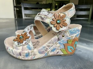 L’Artiste Karnitsky Sandal Ice Floral Blue Tan Size 36 Wedge Sandals - Picture 1 of 15